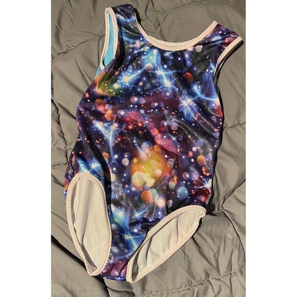 Girls Gymnastics Leotard Shiny Galaxy Print Size 6A (5-6yrs) Activewear EUC - Picture 1 of 4